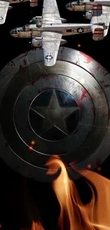 Superhero shield with planes and flames in a dramatic art style.