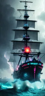 Epic ship in a stormy sea with glowing lights and dramatic clouds.