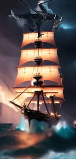 Dynamic wallpaper of a ship and dragon amid stormy seas.