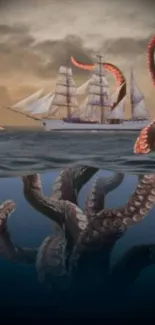 Epic ship battling a Kraken in stormy seas, showcasing nautical adventure.