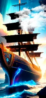 Epic ship sailing under a futuristic sky with vibrant colors.