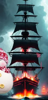 Majestic pirate ship and snowman wallpaper featuring a stormy sea and vibrant colors.