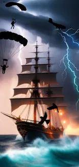 Ship sailing in storm with parachutists and lightning.