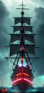 Epic ship in stormy sea with dark clouds and vibrant accents.