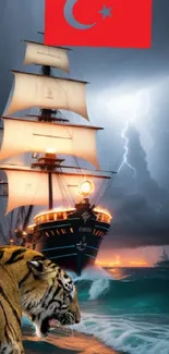 Epic ship sails with a fierce tiger under a stormy sky.