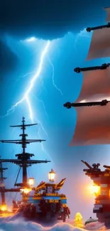 LEGO ships battle amidst lightning and waves, creating an epic scene.