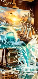 Ship sailing out of a vibrant canvas painting.