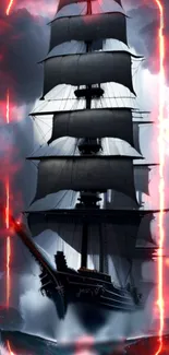 Epic ship with dark sails in fiery ocean scene.