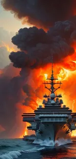 Epic ship sails through fiery storm with dramatic clouds and lightning.