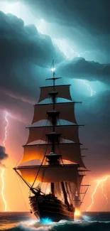 Majestic ship against lightning-filled stormy sky on the ocean.