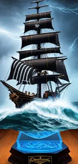 Epic sailing ship in a lightning storm on a wooden deck background.