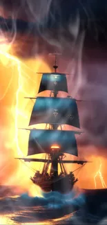 Epic ship faces a storm under intense lightning on the ocean horizon.