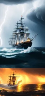 Majestic ship sailing through a storm with dramatic clouds and lightning.