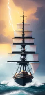 Ship sailing through stormy ocean with lightning overhead.