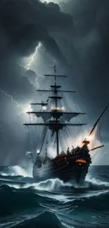 Ship braves stormy sea with lightning and waves in dramatic wallpaper.