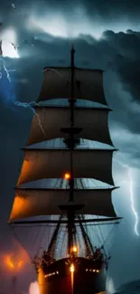 Epic ship sails through storm, surrounded by lightning and dragons.