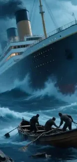 Dramatic ship in stormy ocean with small lifeboat.