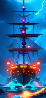 Epic ship illuminated against stormy sky with vivid blue and orange colors.