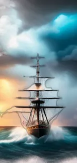 Majestic ship surges through dynamic, colorful stormy seas, exuding power and adventure.