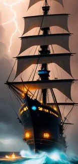 Majestic ship sails through stormy seas with lightning striking above.