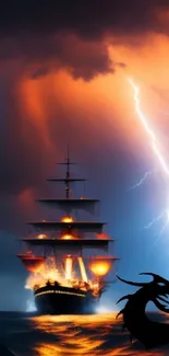 Epic ship sailing in stormy seas with lightning and dragon shadow.