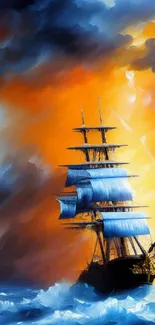 Epic ship sailing through vibrant storm clouds over turbulent blue seas.