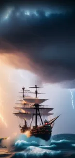 Epic sailing ship braves stormy lightning-lit seas.