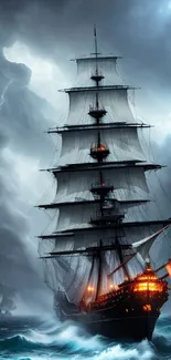 Majestic ship sailing through stormy seas with dark clouds and lightning.