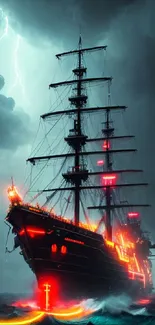 Majestic ship sailing through stormy seas with lightning backdrop.