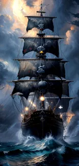 Majestic ship battling stormy seas with dark clouds overhead.