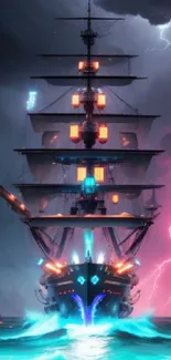 Epic ship with neon lights navigating stormy seas under dark clouds.