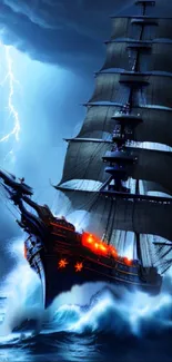 Epic ship sails through lightning storm on ocean waves.