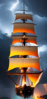 A majestic ship sails through a lightning-filled stormy sea at night.