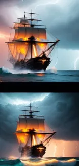 Sailing ship under lightning in dark ocean storm.