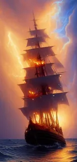 Epic ship with flaming sails on stormy sea.