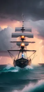 Majestic ship sails through stormy ocean with lightning and dramatic skies.