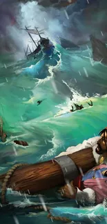 Dramatic shipwreck illustration with stormy, teal seas and epic rescue scene.