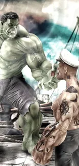 Epic scene of green giant versus sailor in artwork.