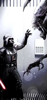 Futuristic fan art battle scene with iconic figures.