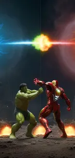 Epic showdown between powerful characters amidst vibrant energy bursts.