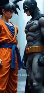 Dramatic face-off between two iconic heroes in vivid colors.