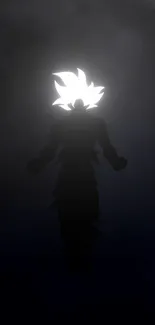 Anime hero silhouette with glowing aura on a dark background.