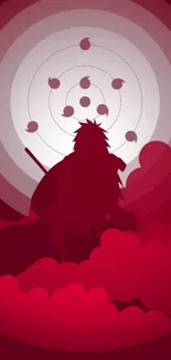 Anime silhouette with vibrant red tones, mysterious and epic in style.