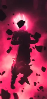 Silhouette of a powerful figure surrounded by vibrant pink energy and debris.