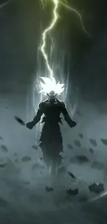 Anime character silhouette with lightning in a stormy background.