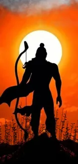 Silhouette of a warrior with bow against a vibrant sunset.