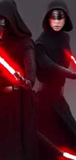 Star Wars Sith characters with lightsabers in epic duel.