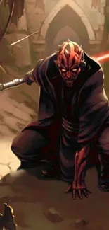 Sith warrior crouching with red lightsaber in a mystical battle scene.