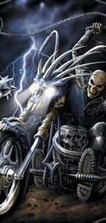 Skeleton biker rides through a stormy night, showcasing dramatic artwork.