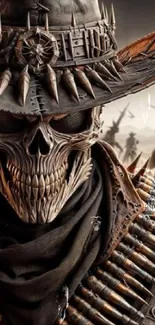 Epic skeleton cowboy with spikes on hat in dark western scene.